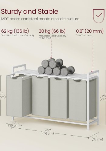 VASAGLE W&auml;schekorb, W&auml;schekorb mit 4 F&auml;chern, herausnehmbaren W&auml;sches&auml;cken, W&auml;schesortierung, Ablage, Metallrahmen, 4 x 40 l, 116 x 33 x 72 cm, Wei&szlig; BLH401W01