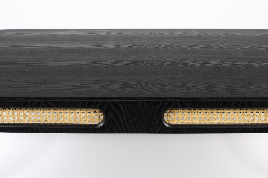 BOLD MONKEY Don't Stop The Webbing Esstisch, rund – schwarzes Furnier, Rattan und schwarzes Eisen (180 x 90)