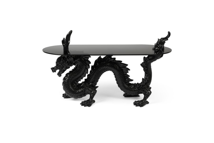 BOLD MONKEY Dragonized Bastard Couchtisch, oval – rauchschwarzes Glas und schwarzes Harz/Eisen (100 x 45)