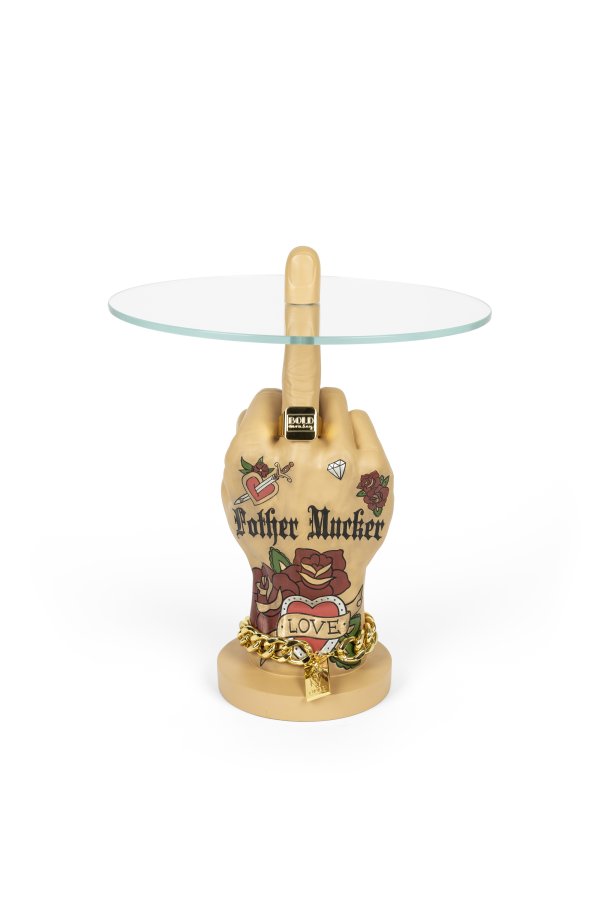 BOLD MONKEY Fother Mucker Beistelltisch, rund – Glas und goldfarbenes/mehrfarbiges Harz (40)