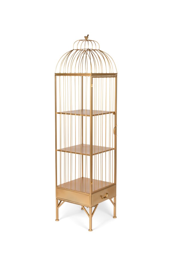 BOLD MONKEY Unlock Me Schrank, Vogelkäfig-Design, mit 1 Tür, 3 Regalen und 1 Schublade – Messingeisen