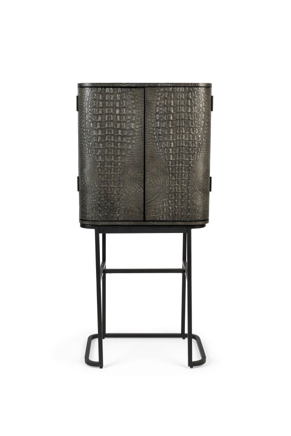 BOLD MONKEY Ava Morgana Barschrank, m. 2 Türen, 1 Schublade, Spiegel – braunes Krokodilleder PU, Messingstahl