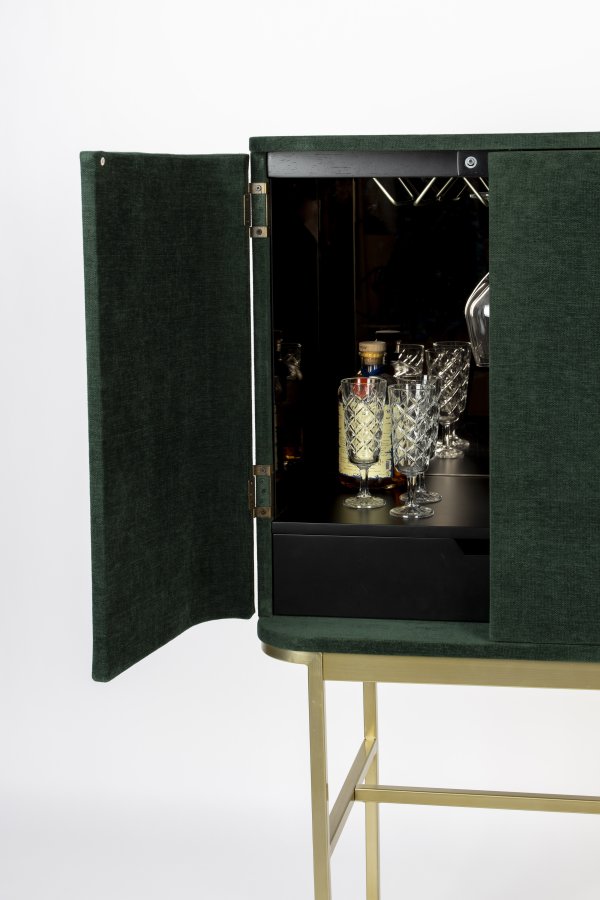 BOLD MONKEY Ava Morgana Barschrank, mit 2 Türen, 1 Schublade, Spiegel – waldgrüner Samtstoff und Messingstahl