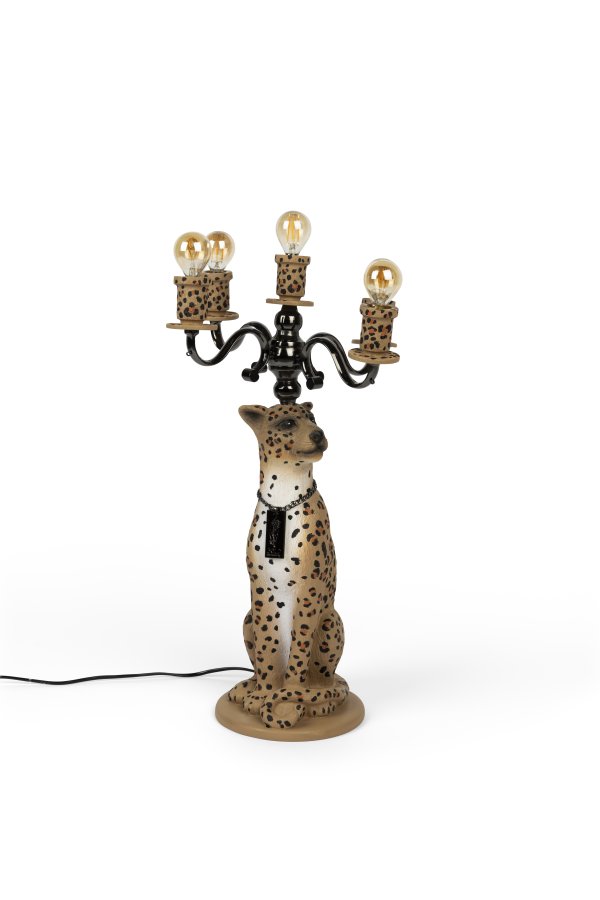 BOLD MONKEY Stehlampe „Proudly Crowned Panther“ – schwarze Galvanisierung und braunes Panther-Print-Harz