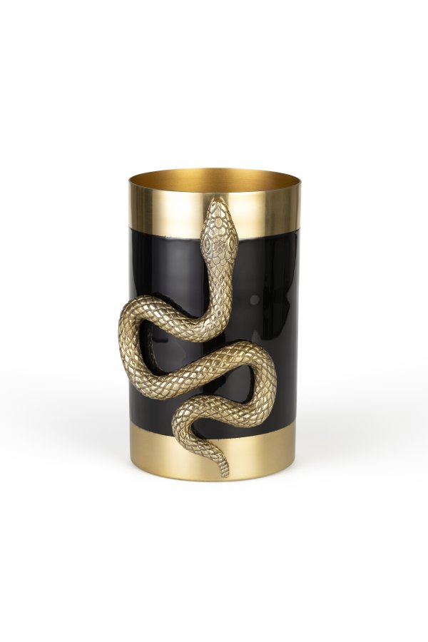 BOLD MONKEY Never Hurt A Snake Vase M, rund – goldenes Aluminium und schwarze Emaille (H:26)