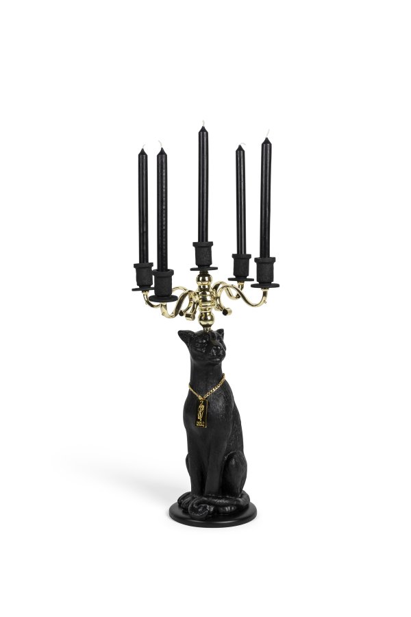 BOLD MONKEY Kerzenhalter „Proudly Crowned Panther“, für 5 Kerzen – galvanisiertes Gold und schwarzes Harz