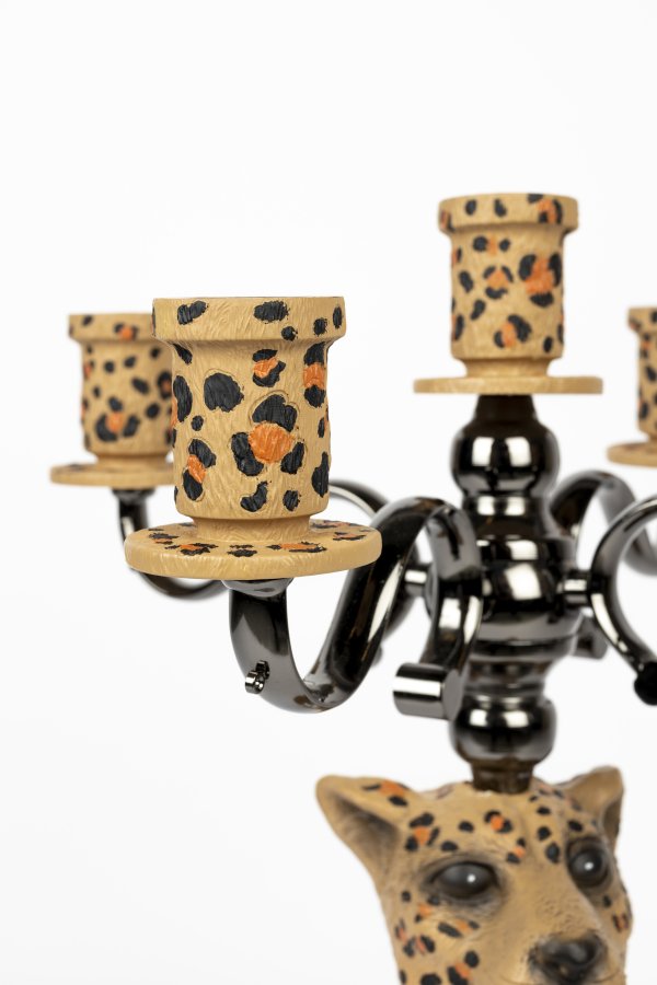 BOLD MONKEY Proudly Crowned Panther lysestake, for 5 lys - svart galvanisering og harpiks med brunt trykk