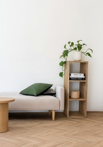 NOCNOI Puzzle rektangulr bokhylle, m. 3 rom - massiv oljet eik, for vegg/gulv (104x36)