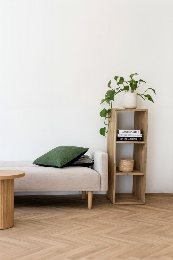 NOCNOI Puzzle rektangulr bokhylle, m. 3 rom - massiv oljet eik, for vegg/gulv (104x36)