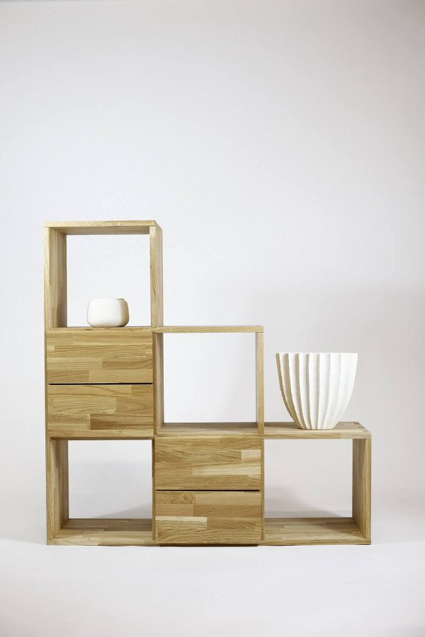 NOCNOI Puzzle asymmetrisk reol, m. 6 rum - massivt olieret eg (104x104)