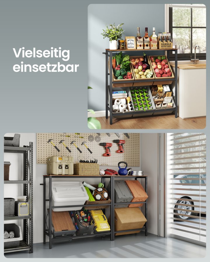 SONGMICS Drikkekassestativ 2-lags opbevaringsstativ med 6 kasser, hvert niveau, 150 kg st�l drikkekassestativ, k�kken, stue, garage, vintage, brun bl�k, sort BSC363K01