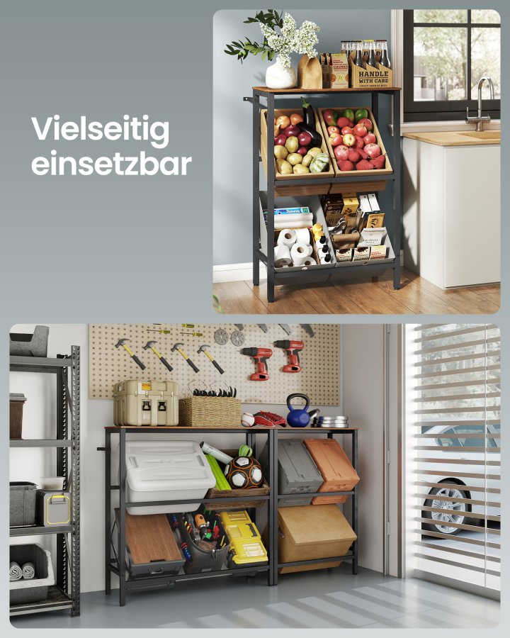 SONGMICS Drikkekassestativ 2-lags 4 kasser Opbevaringsstativ Hvert niveau Belaster 150 kg St�l Drikkekassestativ K�kken Stue Garage Vintage Brun Bl�k Sort BSC373K01