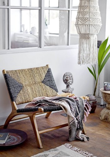 CREATIVE COLLECTION Grant Loungesessel – braun/schwarze Bananenblätter und braunes Teakholz