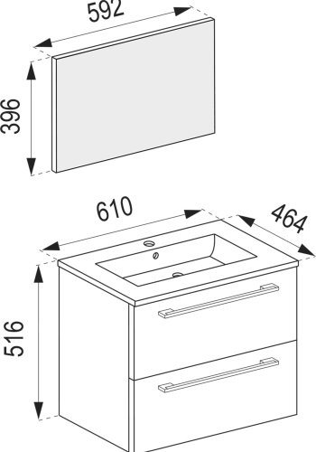 VCM NORDIC Badinos II 60 cm 3-teiliger Waschtisch, mit Spiegel, Keramikwaschbecken, 2 Schubladen - Melamin weiß
