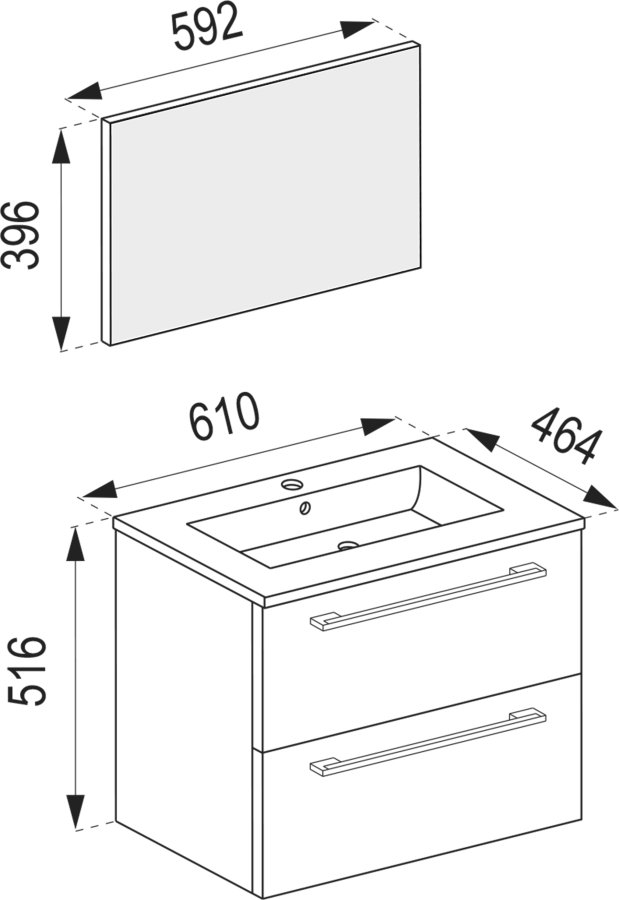 VCM NORDIC Badinos II 60 cm 3-teiliger Waschtisch, mit Spiegel, Keramikwaschbecken, 2 Schubladen - Melamin weiß