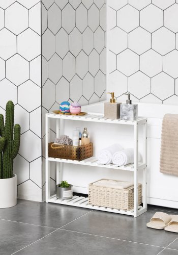 SONGMICS BCB13W Bambushylde, H�jdejusterbar, 3-lags hylde, 60 x 15 x 54 cm, Til Badev�relse, V�g, K�kken, B�ger, Hvid