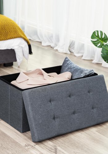 SONGMICS puff, rektangulr, sammenleggbar, med oppbevaringsplass - mrkegr lin (76x38)