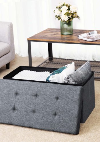 SONGMICS puff, rektangulr, sammenleggbar, med oppbevaringsplass - mrkegr lin (76x38)