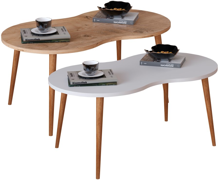 VCM NORDIC Barilo Couchtisch, mit abgerundeten Kanten – Weiß und Naturholz (90x41)