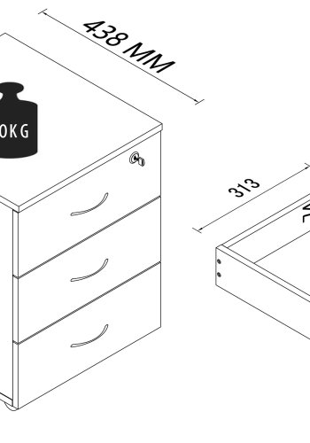 VCM NORDIC Baula L Aktenschrank, abschließbar, mit 3 Schubladen und Rollen - Holz weiß