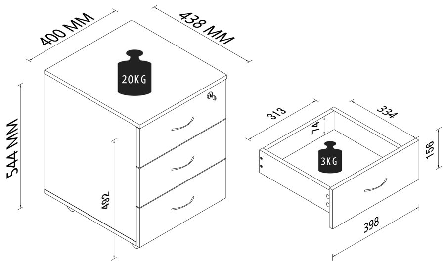 VCM NORDIC Baula L Aktenschrank, abschließbar, mit 3 Schubladen und Rollen - Holz weiß