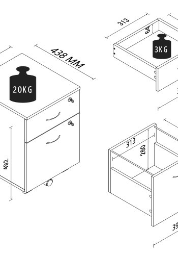 VCM NORDIC Baula M Aktenschrank, abschließbar, mit 1 Hängeregistraturschublade, 1 Schublade und Rollen – Holz weiß