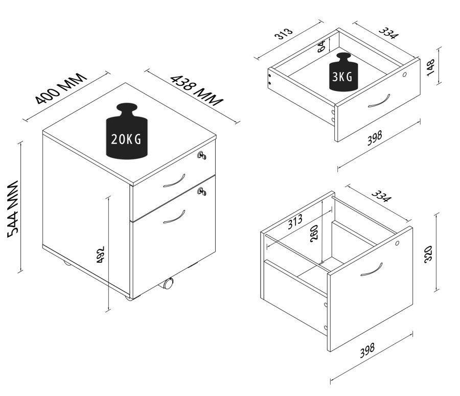 VCM NORDIC Baula M Aktenschrank, abschließbar, mit 1 Hängeregistraturschublade, 1 Schublade und Rollen – Holz weiß