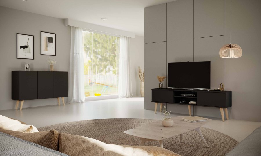 KOCOT RTV Toronto TV-bord, m. 2 drer og 1 hylle - svart bk (160x35)