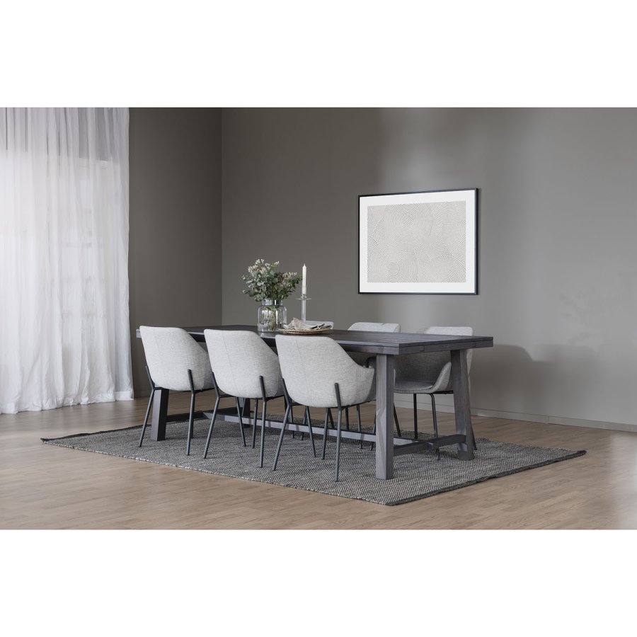 ROWICO Haley Esszimmerstuhl, mit Armlehnen – hellgrauer Stoff und schwarze Metallbeine