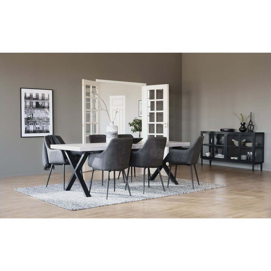 ROWICO Brooklyn rektangulr spisebord, m. udtrk - hvidpigmenteret eg m. X-ben i sort metal (220x95)