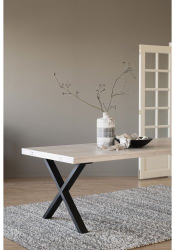 ROWICO Brooklyn rektangulr spisebord, m. udtrk - hvidpigmenteret eg m. X-ben i sort metal (220x95)