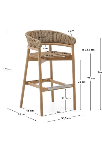 KAVE HOME Arinella krakk i FSC 100 % heltre akasie med naturlig finish og beige tausnor 75 cm