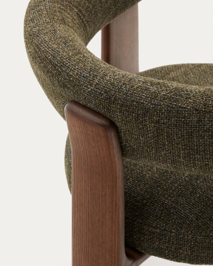 KAVE HOME Granitt 3-bent spisebordsstol, m. armlener - grnn chenille og valntt finish asketre