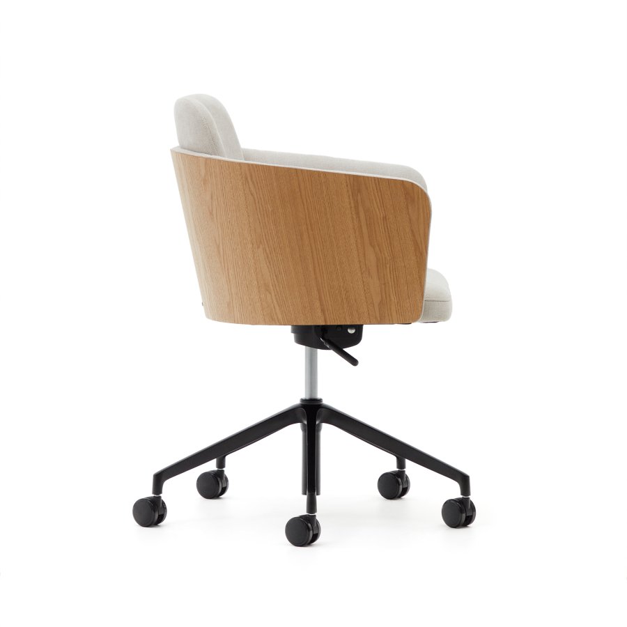 KAVE HOME Madai skrivebordsstol, med armlener - finer i naturlig ask, beige chenillestoff og svart aluminium