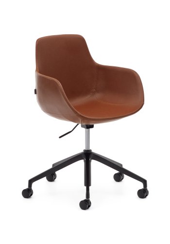 KAVE HOME Tissiana skrivebordsstol, med armlener - brunt kunstskinn og matt sort aluminium