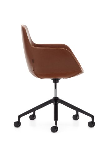 KAVE HOME Tissiana skrivebordsstol, med armlener - brunt kunstskinn og matt sort aluminium