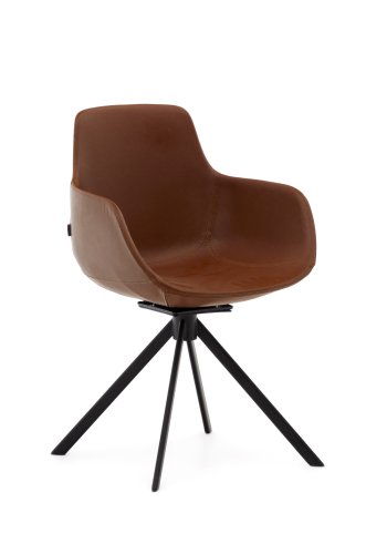 KAVE HOME Tissiana selvsentrerende svingstol, med armlener - brunt kunstskinn og matt sort aluminium