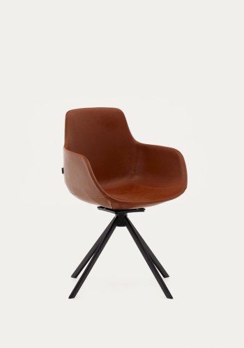 KAVE HOME Tissiana selvsentrerende svingstol, med armlener - brunt kunstskinn og matt sort aluminium