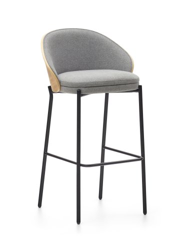 KAVE HOME Eamy barstol, med ryggsttte og fotsttte - lysegrt stoff, finér i naturlig ask og svart stl