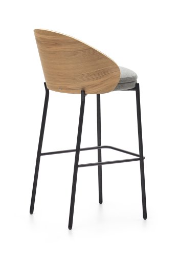 KAVE HOME Eamy barstol, med ryggsttte og fotsttte - lysegrt stoff, finér i naturlig ask og svart stl