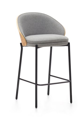 KAVE HOME Eamy barstol, med ryggsttte og fotsttte - lys gr chenille, finér i naturlig ask og svart metall