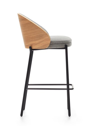 KAVE HOME Eamy barstol, med ryggsttte og fotsttte - lys gr chenille, finér i naturlig ask og svart metall