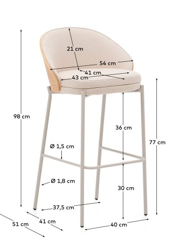 KAVE HOME Eamy Barhocker, mit Rückenlehne und Fußstütze – beige Chenille, natürliches Eschenfurnier, beiges Metall (H:77)