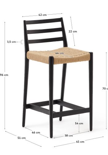 KAVE HOME Analy krakk med ryggsttte i heltre eik i sort utfrelse og sete med snor, 70 cm,