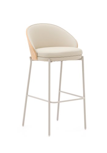 KAVE HOME Eamy barkrakk, med ryggsttte og fotsttte - beige kunstskinn, finer i naturlig ask, beige metall (75 cm)