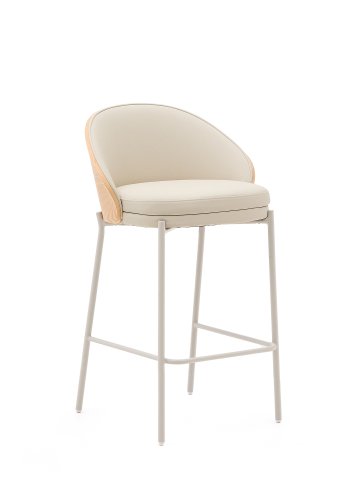 KAVE HOME Eamy barkrakk, med ryggsttte og fotsttte - beige kunstskinn, finer i naturlig ask, beige metall (65 cm)