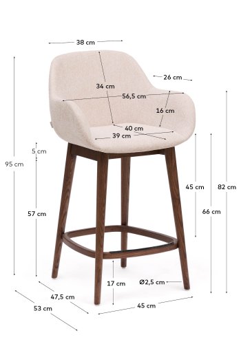 KAVE HOME Konna barstol, m. rygl�n, arml�n og fodst�tte - beige chenille stofog brun asketr� (65cm)