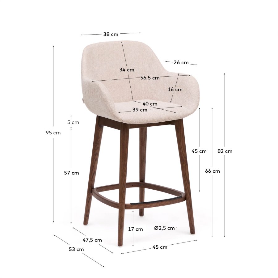 KAVE HOME Konna barstol, m. rygl�n, arml�n og fodst�tte - beige chenille stofog brun asketr� (65cm)
