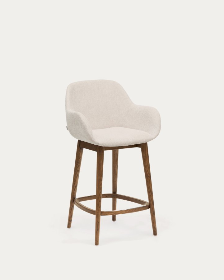 KAVE HOME Konna barstol, m. rygl�n, arml�n og fodst�tte - beige chenille stofog brun asketr� (65cm)