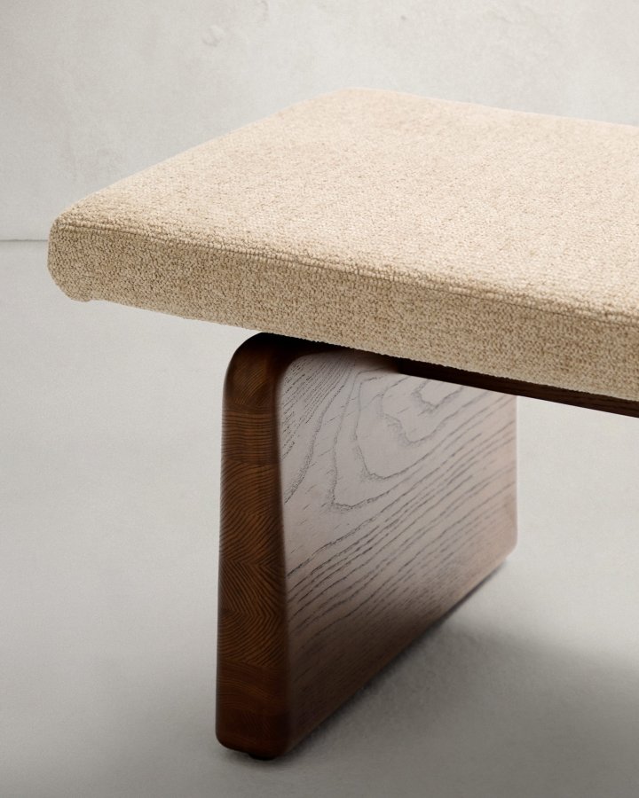 KAVE HOME Topaz benk, rektangulr - beige chenille og valntt finish asketre (150x51)